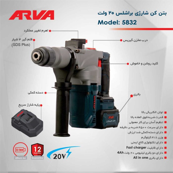 بتن کن شارژی براشلس ۳.۸ کیلویی آروا ۵۸۳۲ - Image 6